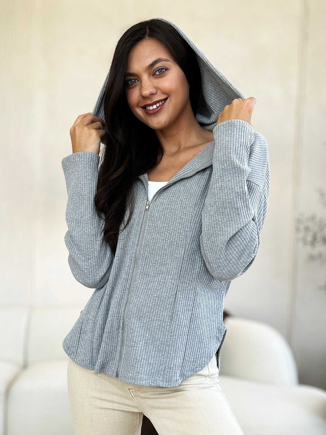 Hooded Jacket Zip Up Drawstring Culture Code Full Size Ribbed