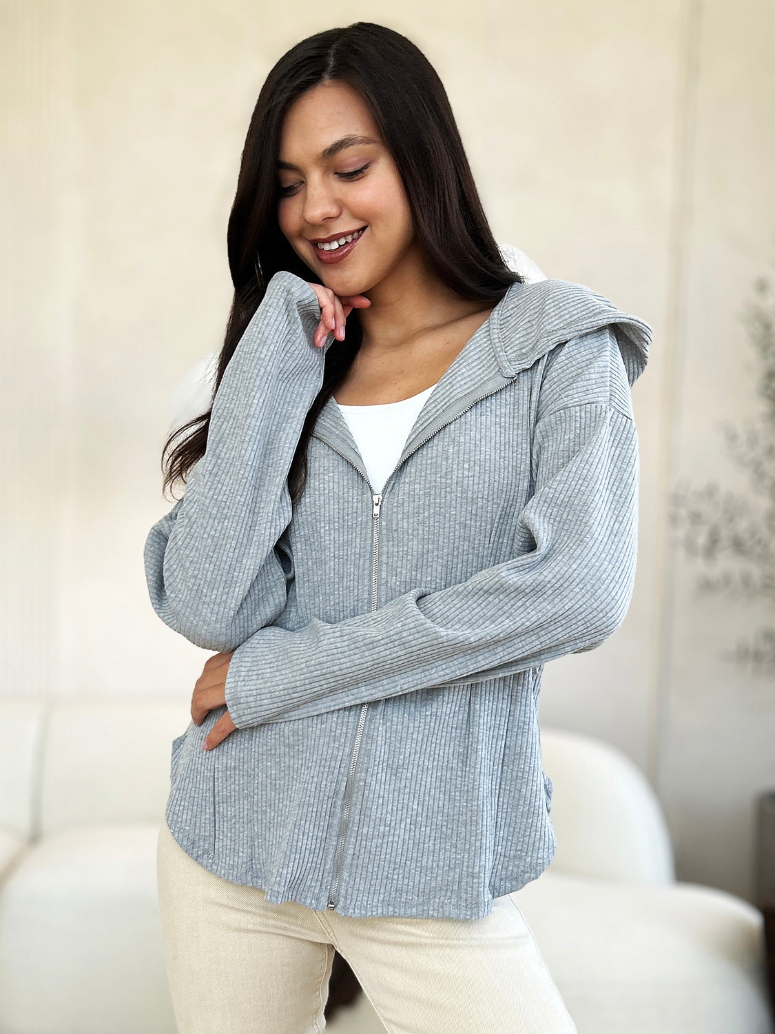 Hooded Jacket Zip Up Drawstring Culture Code Full Size Ribbed